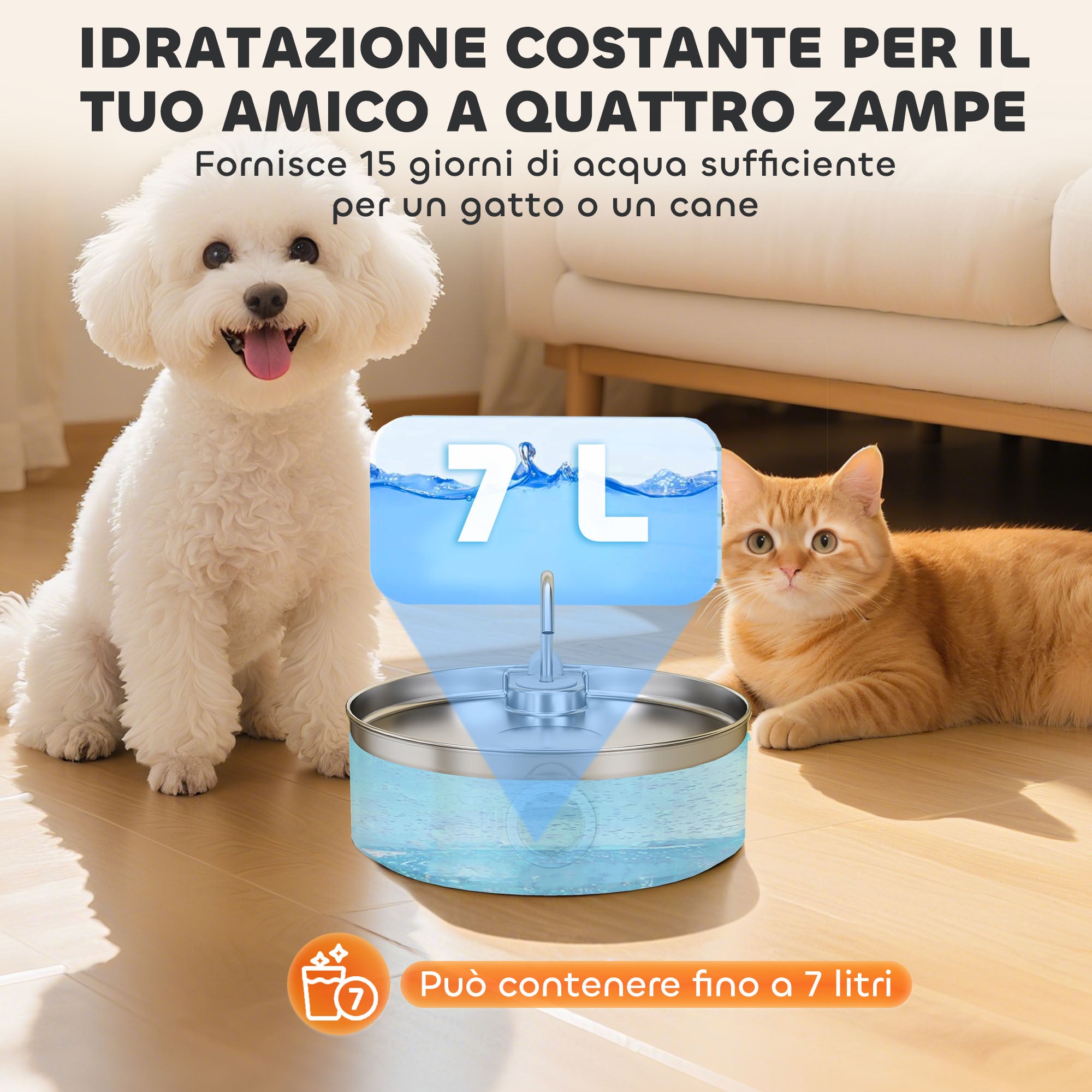 7L Cat Water Fountain with LED Light and Triple Filtration, 304 Stainless Steel, 30.5 x 31.2 x 19.3 cm, Silver