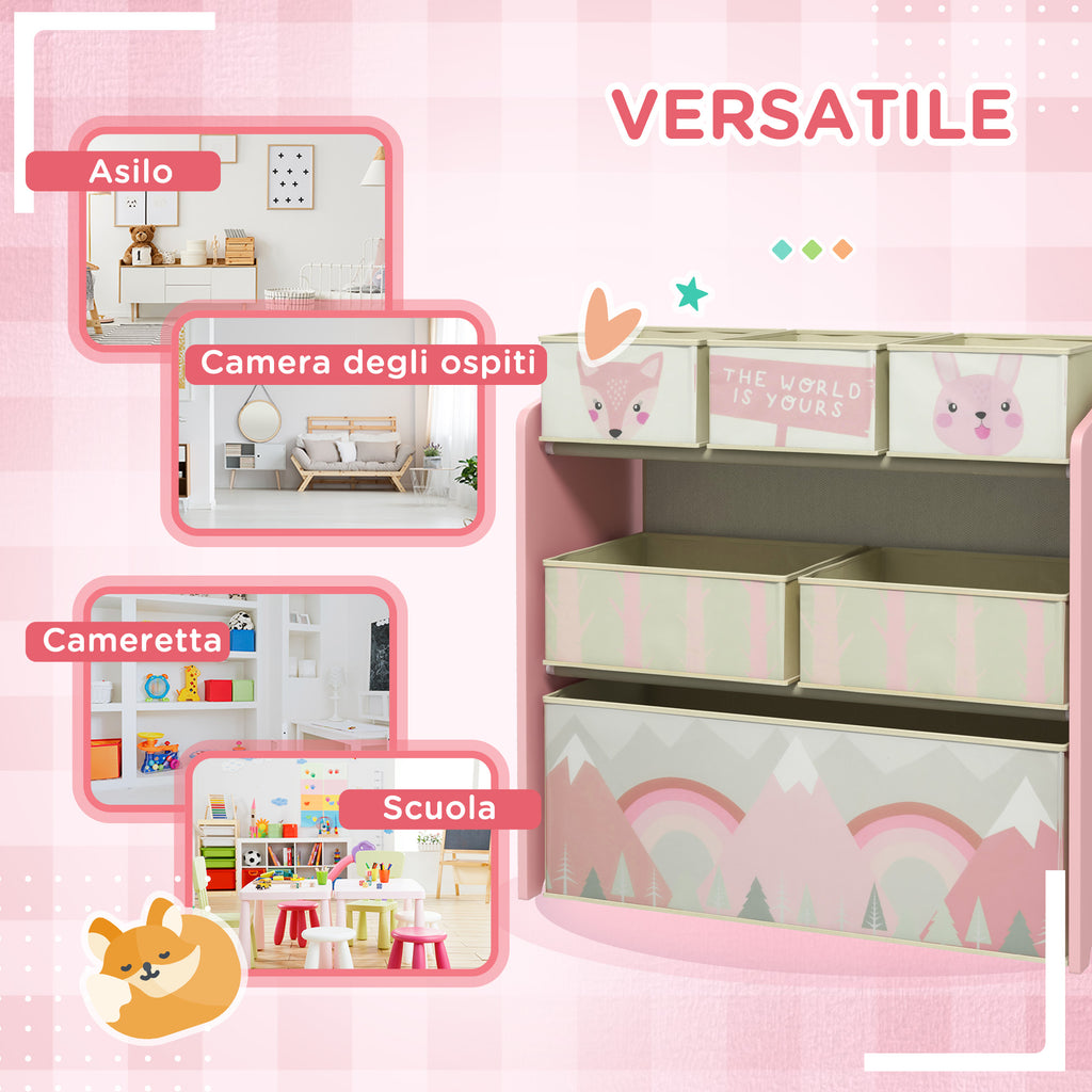 ZONEKIZ Children's Toy Shelf with 6 Removable Fabric Containers, 63x30x66cm, Pink - Borgè