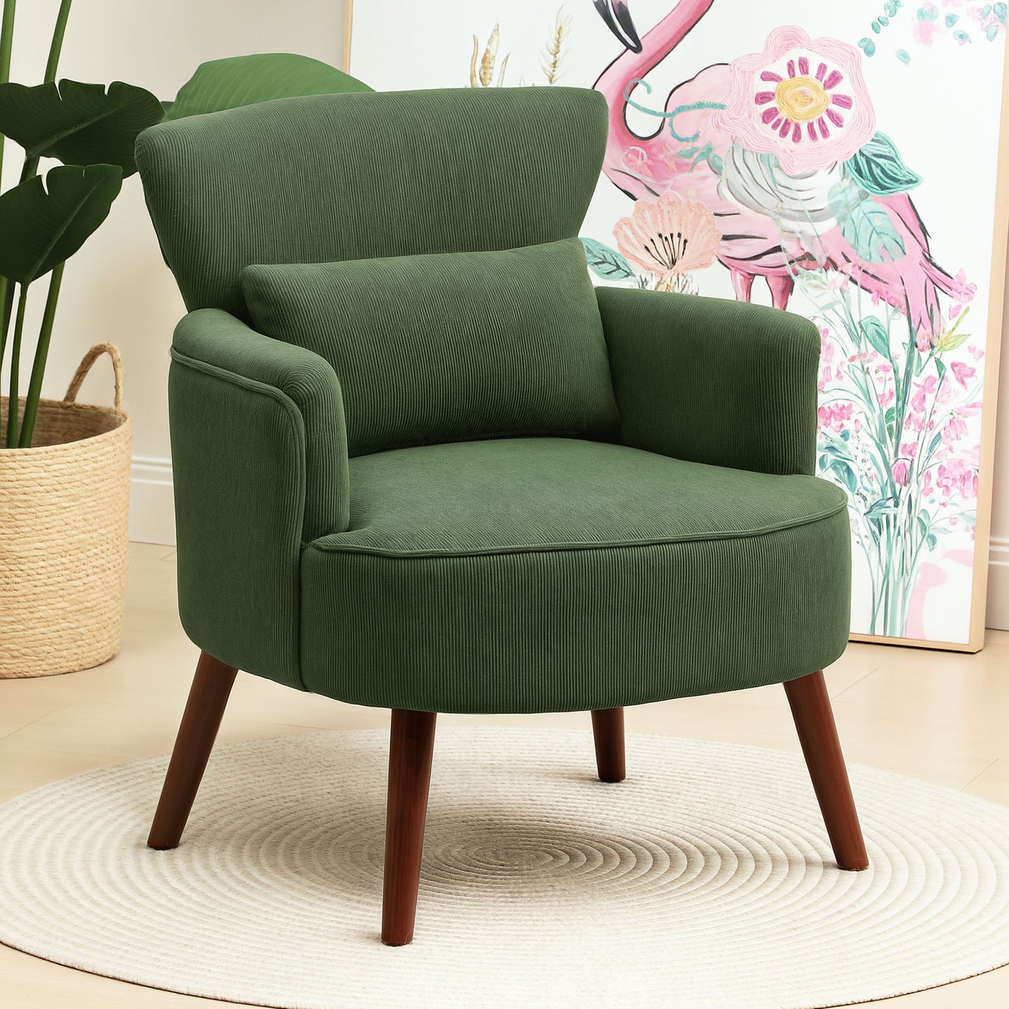 Modern Upholstered Velvet Armchair with Lumbar Cushion, Wooden Backrest and Legs, Green