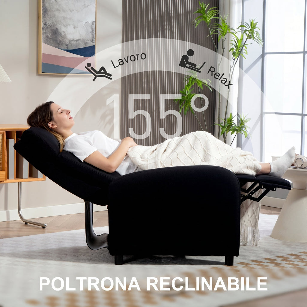 HOMCOM 155° Max Reclining Chair in Grey Linen Effect Fabric with Footrest, 67x87x98 cm, Black