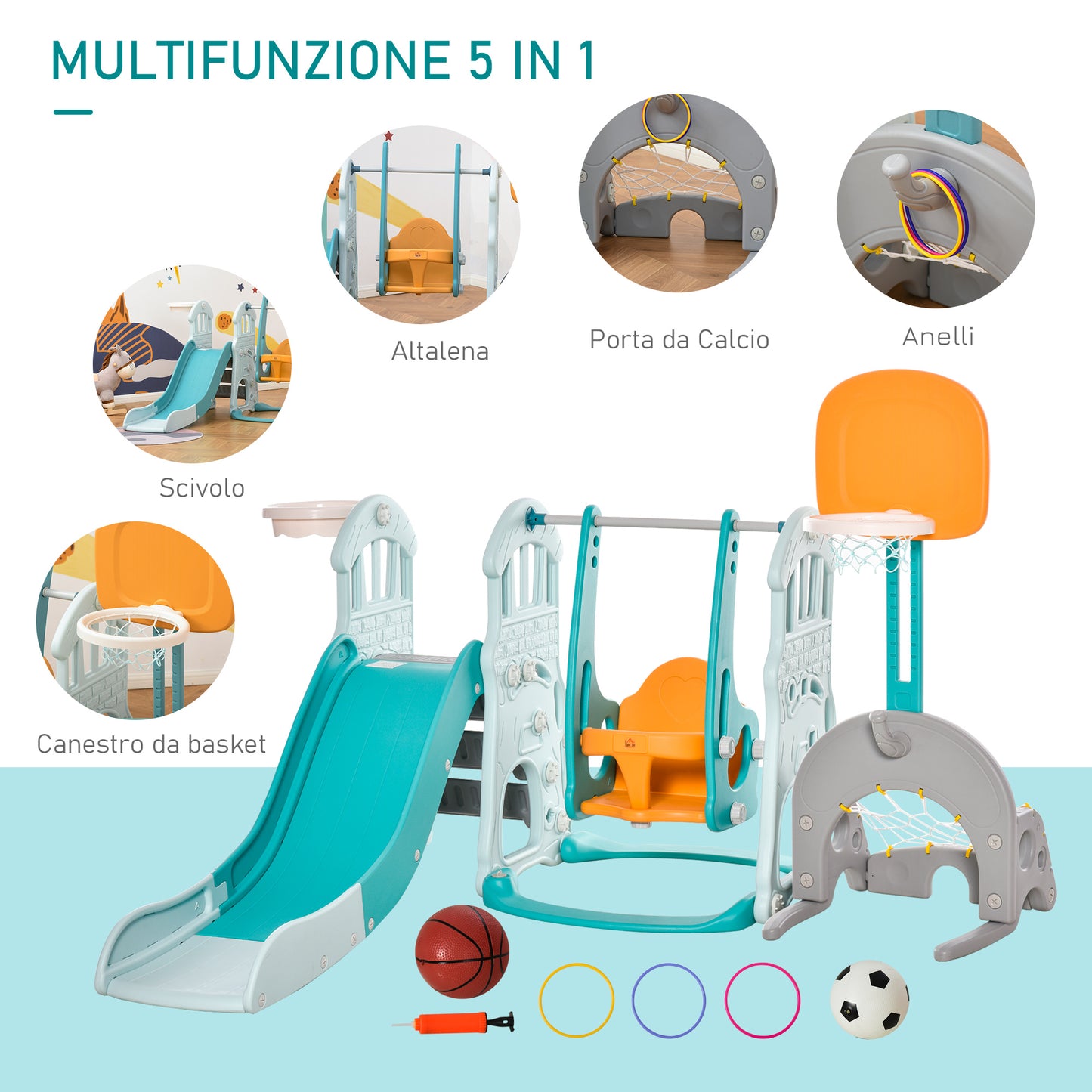 Children's Slide for 4 Years Max with Swing, Basket, Door and Rings, in HDPE and PP, 210x186x133 cm