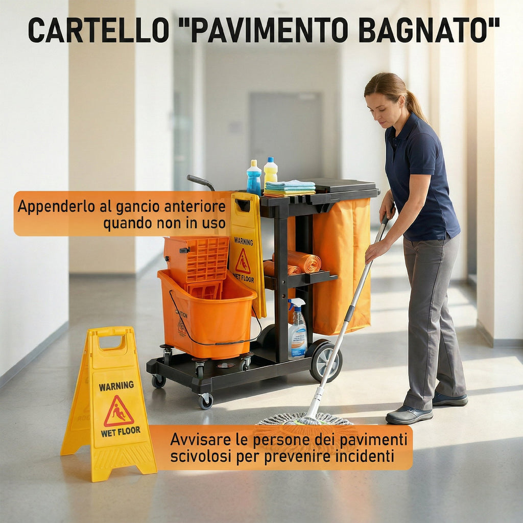 HOMCOM Cleaning Trolley: Wheels, 3 Shelves, 70L Bag, Bucket with Wringer.