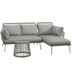 Boho Style PE Rattan Garden Set, 2 Seater Sofa with Chaise Longue and Coffee Table, Light Grey