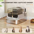 XXL Stainless Steel Enclosed Cat Litter Box, 90° Opening Lid and Double Doors, 70x50x46.5 cm, Grey