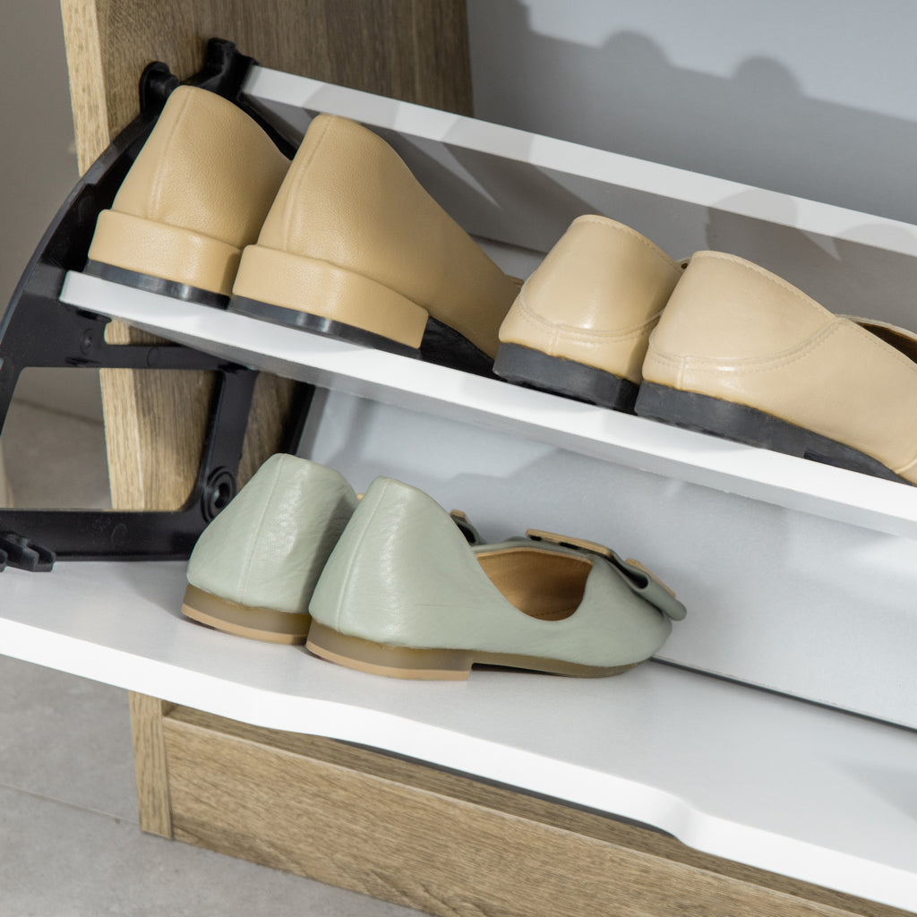 Space Saving Slim 2 Drawer Shoe Cabinet for 8 Pairs of Shoes 62.5x26x81 cm, Wood and White