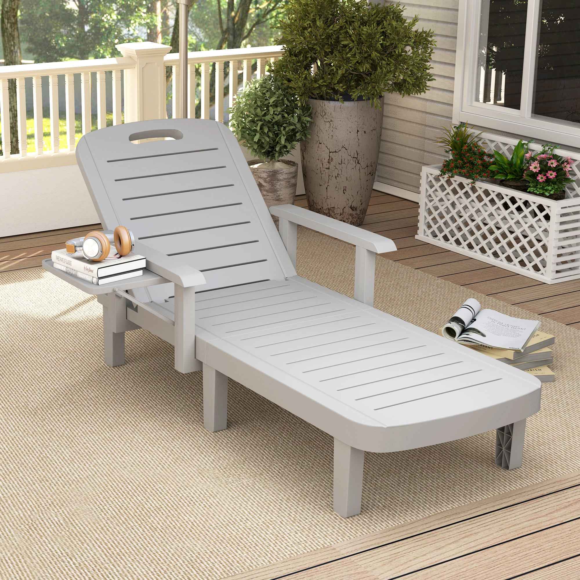 Outsunny Adjustable Garden Lounger with Table and Armrests, in Polypropylene, 79x158x88 cm, Light Grey
