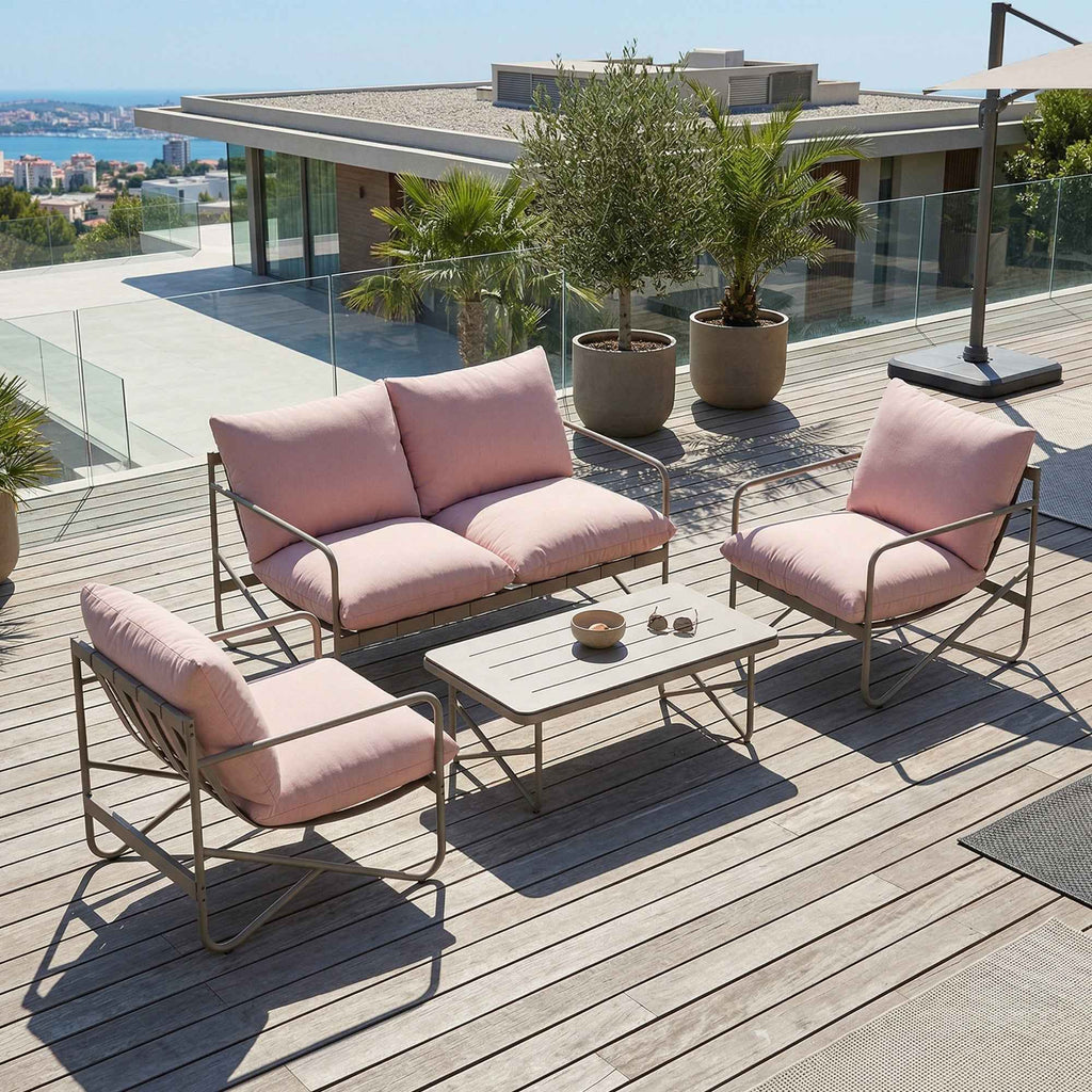 Outsunny 4-Person Garden Set: Sofa, Armchairs, Table, Metal, Pink