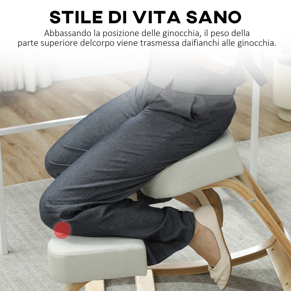 Ergonomic Chair with Birch Wood Kneeler and Cushion, 51x69x58 cm, Cream