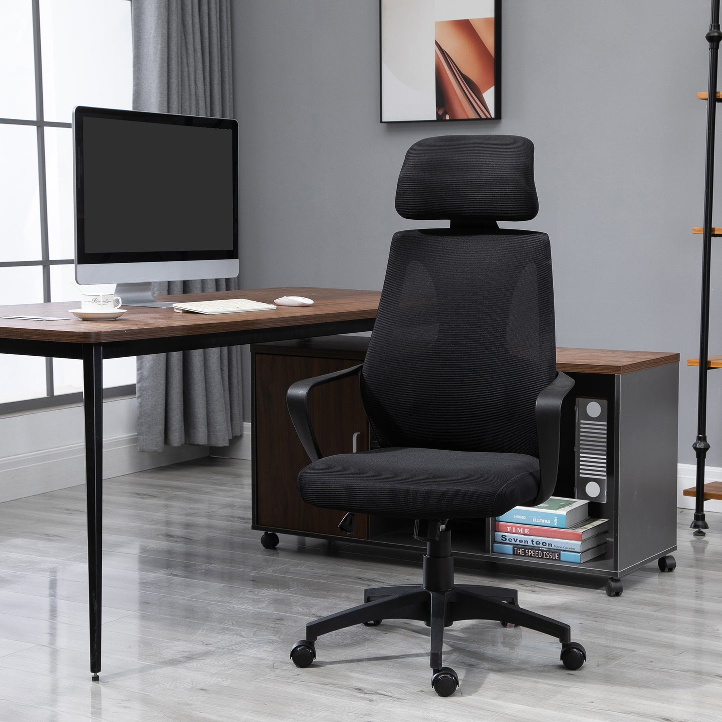 Reclining Office Chair with Headrest and Lumbar Support, Polyester, 64x55x116-126 cm, Black