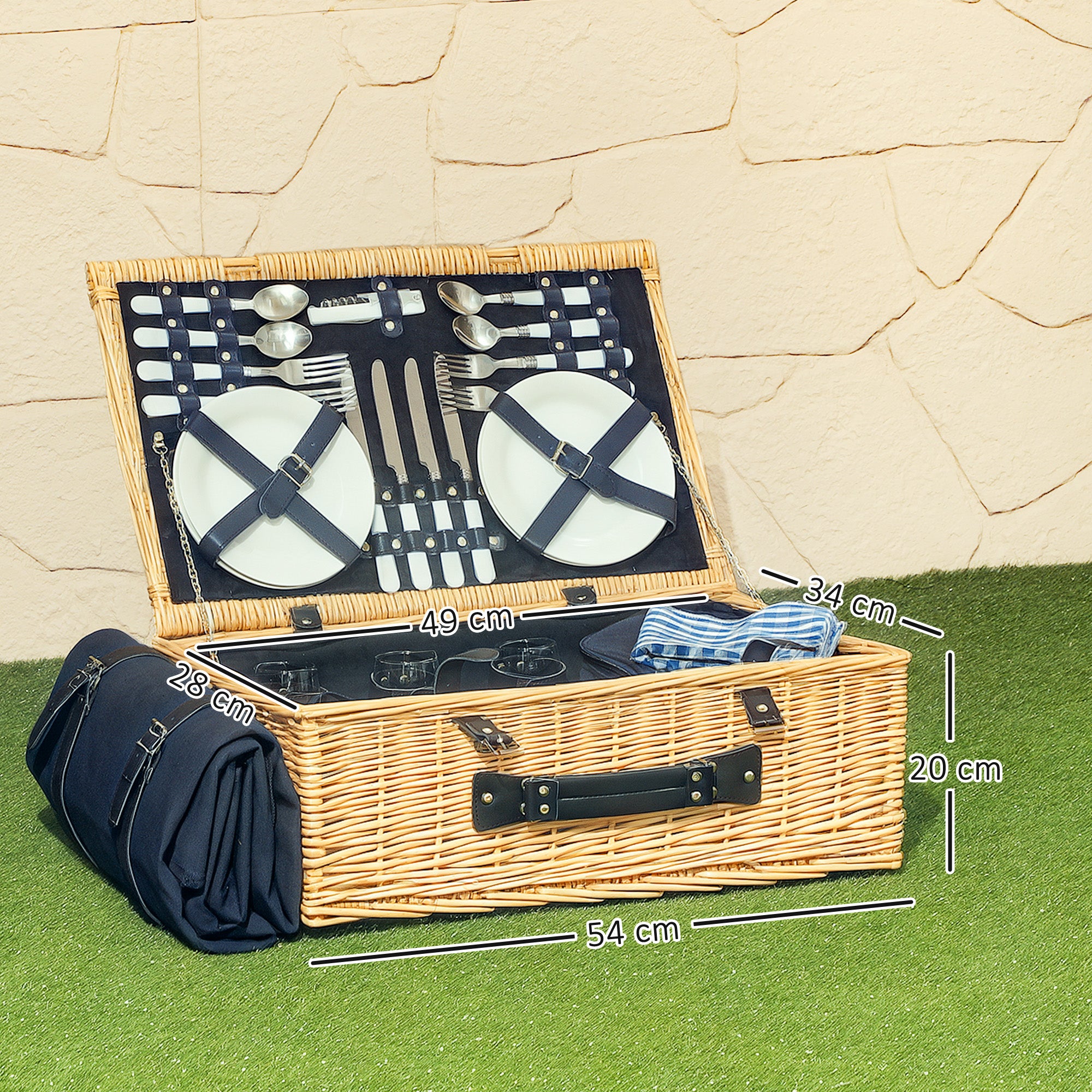 Picnic Basket for 4 People with Fridge Area and Accessories, in Wicker, 54x34x20 cm, Wood Color