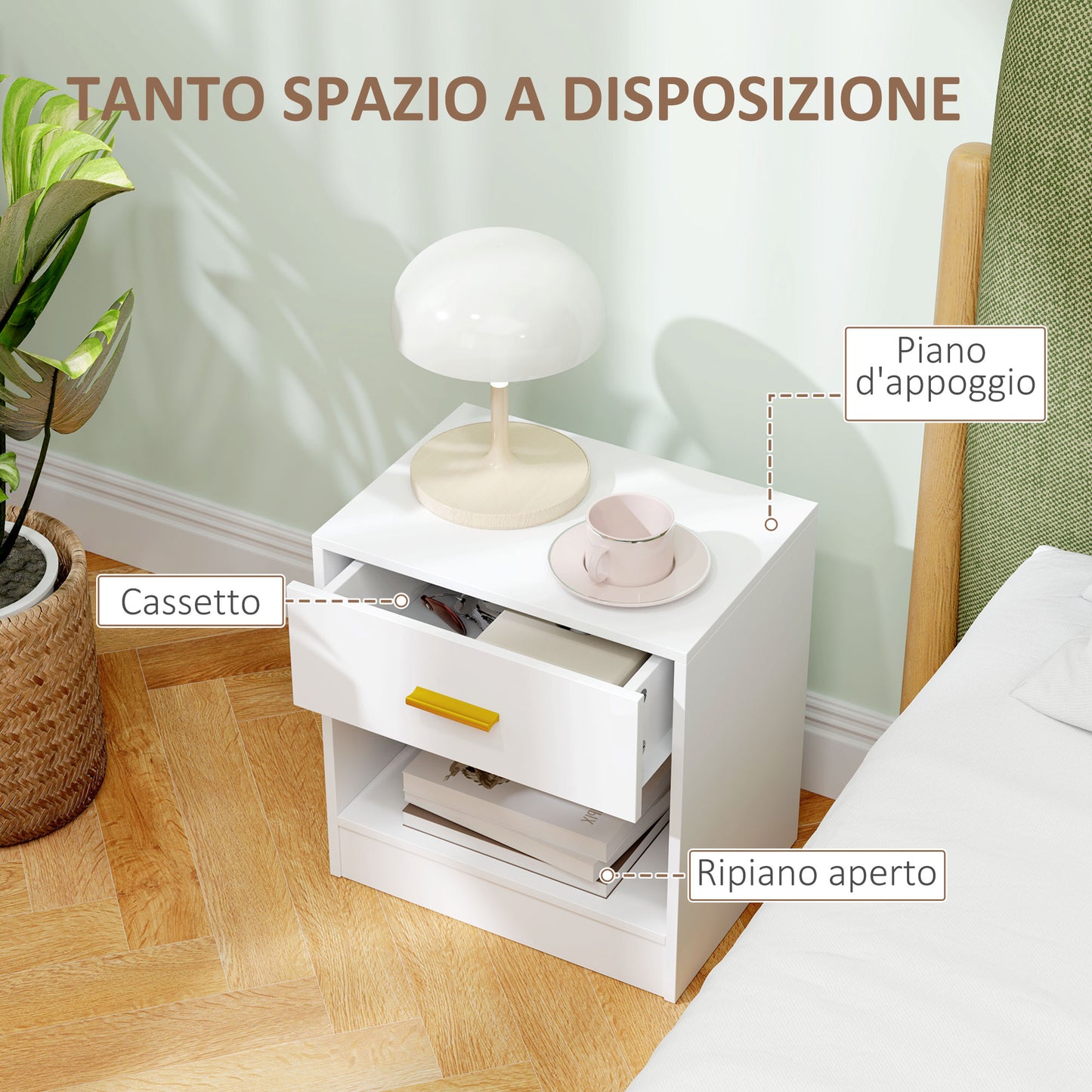 Set of 2 Modern Wooden Bedside Tables with Drawer and Open Shelf, 39x28x41 cm, White