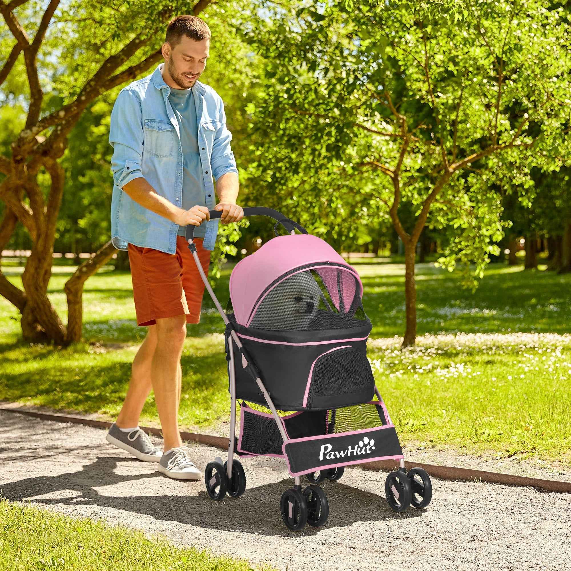 PawHut 2-in-1 Foldable Dog Stroller, Convertible to a Carrier with 2 Leashes and Cushion, Pink
