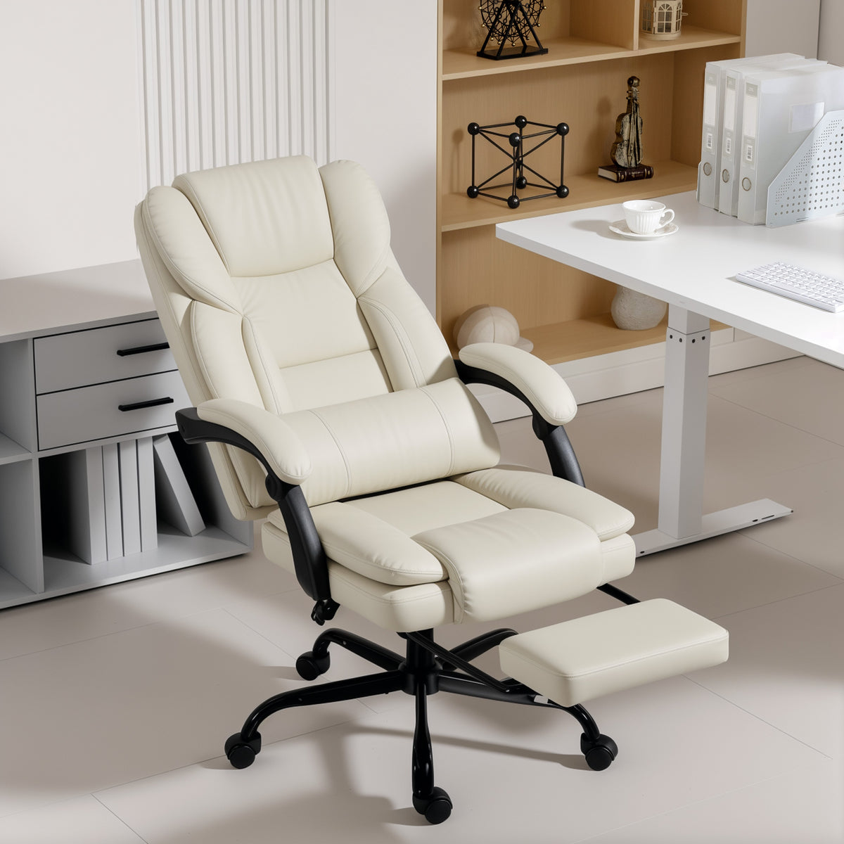 HOMCOM Reclining Faux Leather Office Chair with Footrest and Wheels, 65x67x111-119 cm, Beige