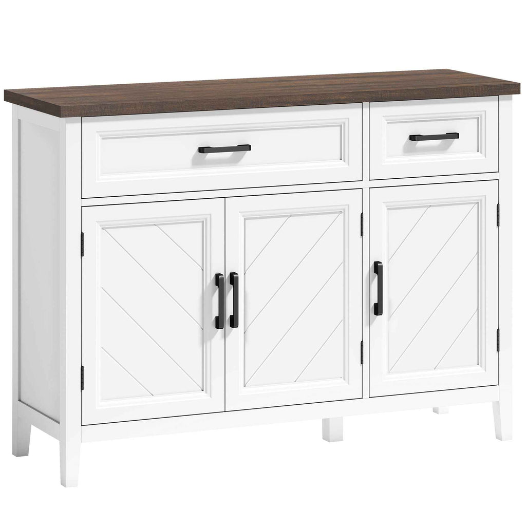 HOMCOM Wooden Kitchen Sideboard with 3 Barn Doors, 2 Drawers and 2 Adjustable Shelves, White