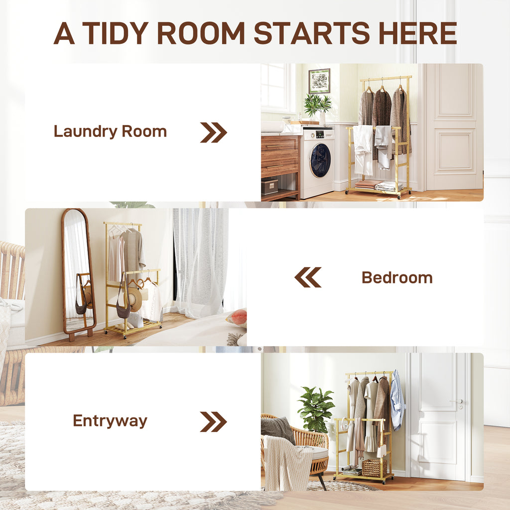 Bamboo Clothes Rail with 2 Rails, Lower Shelf and 4 Wheels, 80x40x160 cm, Natural Wood