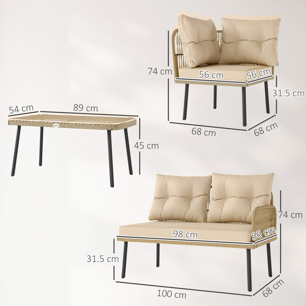 Rattan Garden Lounge Set 2 Sofas and Corner Chair with Cushions, Glass Coffee Table, Wood Color