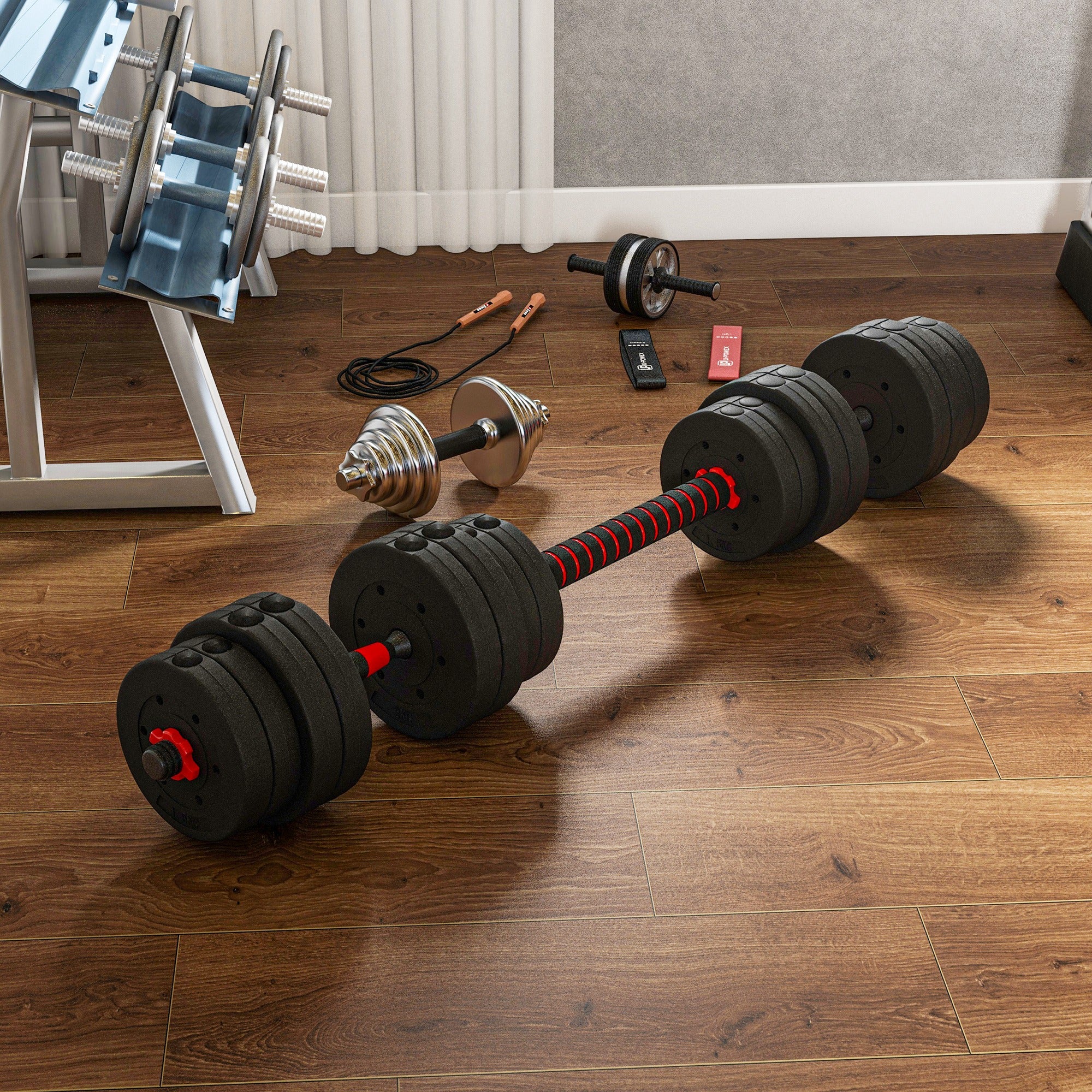 Set of 2 Non-Slip Dumbbells with 16 Weight Discs of 30 kg Total and Connector, in Steel, HDPE and Sand, Black