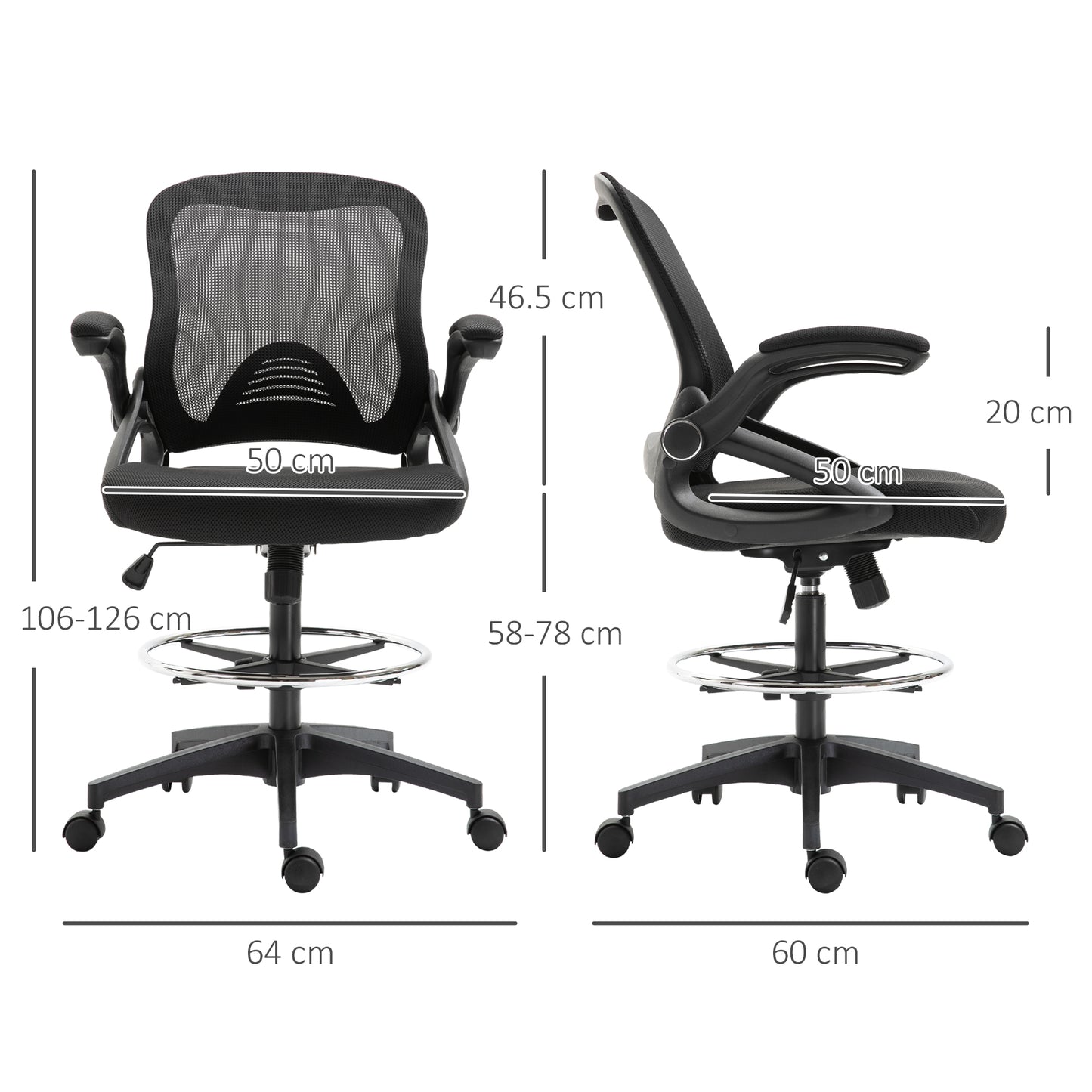 Breathable Height Adjustable Office Chair with Flip-Up Armrests, 64x60x106-126 cm, Black