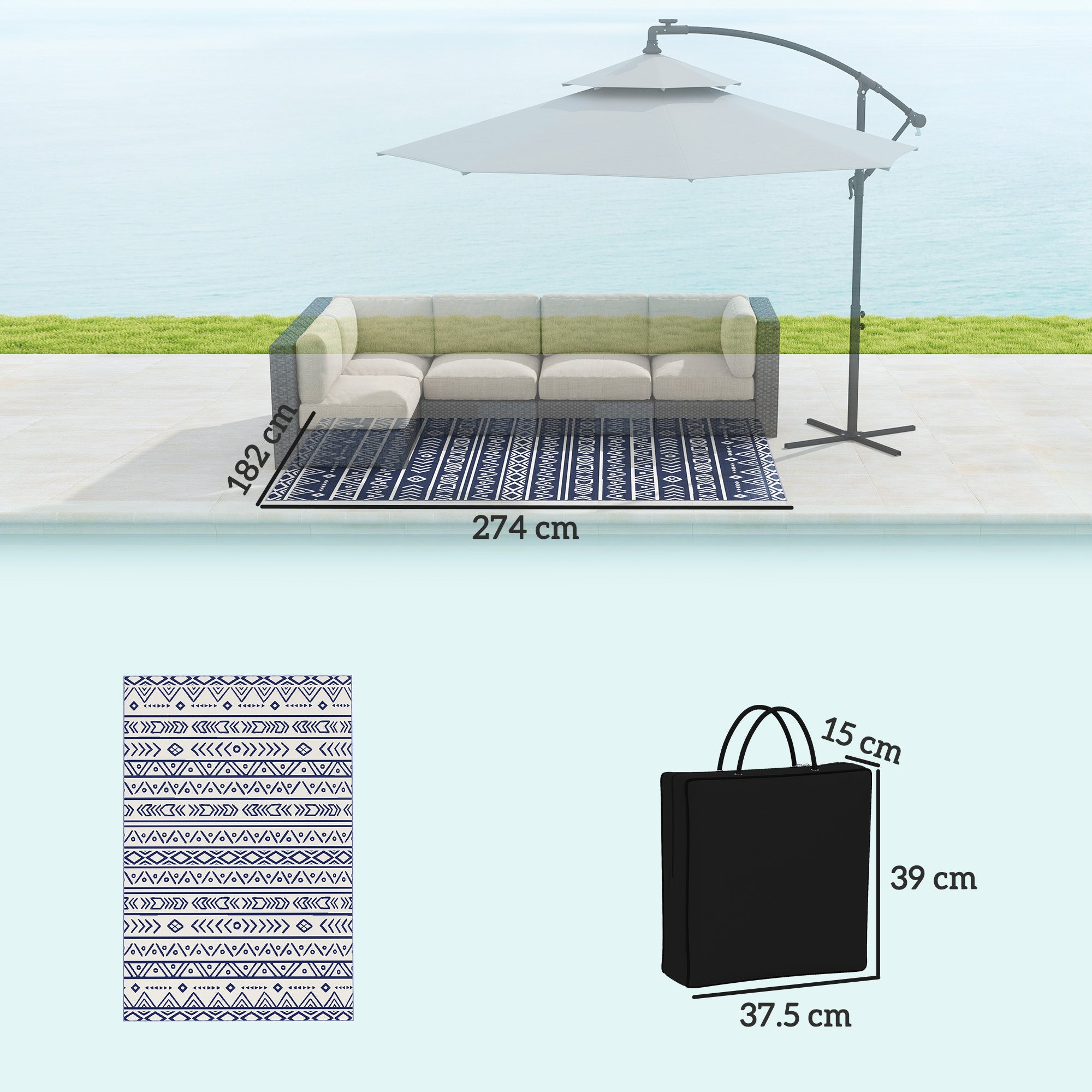 Reversible Geometric Style Outdoor Rug with Carry Bag, 182x274 cm, Blue and White