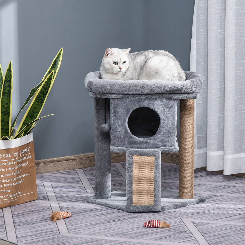 Cat Tree with Cat House and Plush Bed, Jute Scratching Post and Ball, Grey