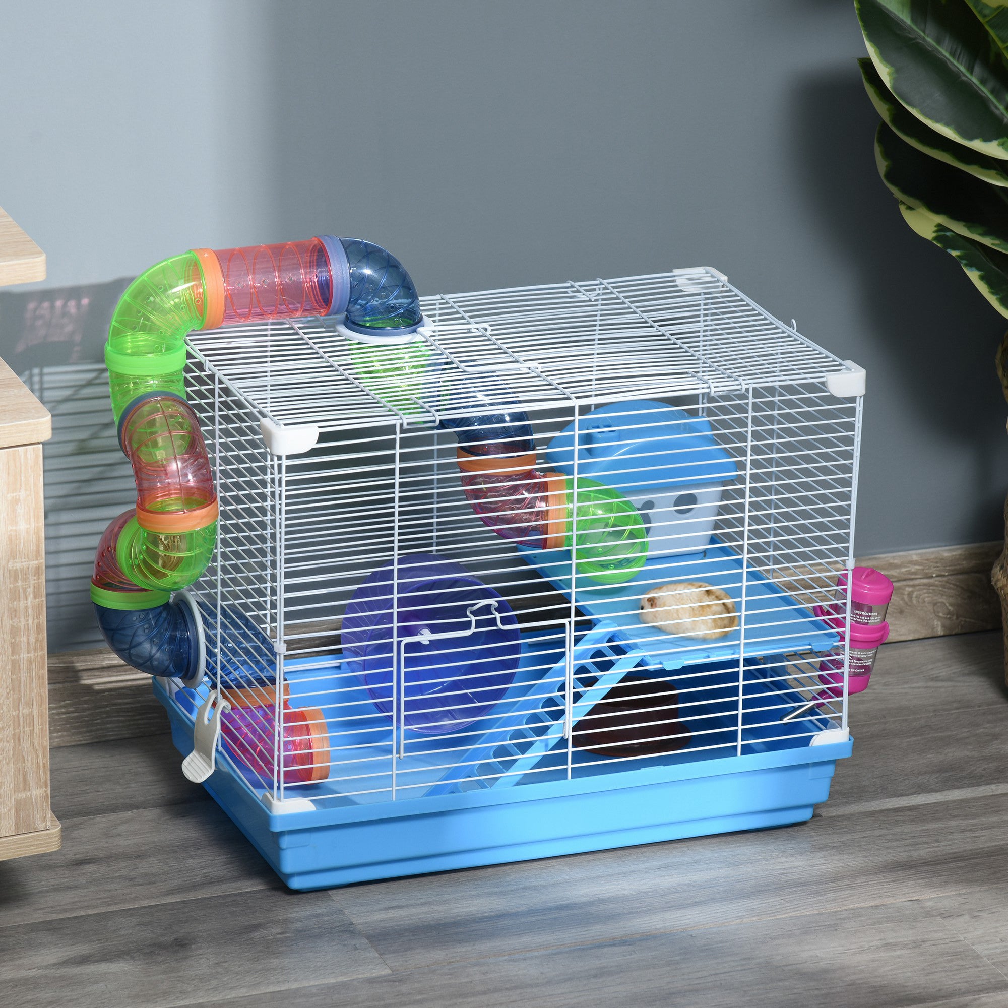2-Tier Hamster Cage with Water Tank, Tray, Tube and Hamster Wheel, 46x30x37 cm