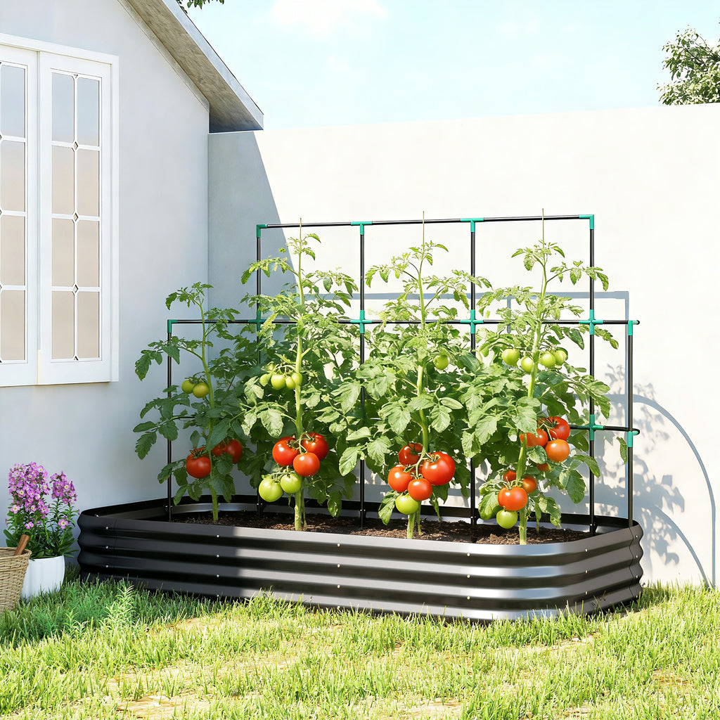 Outsunny Raised Vegetable Garden with Trellis for Climbing Plants and Open Metal Bottom, 220x110x150 cm, Dark Grey