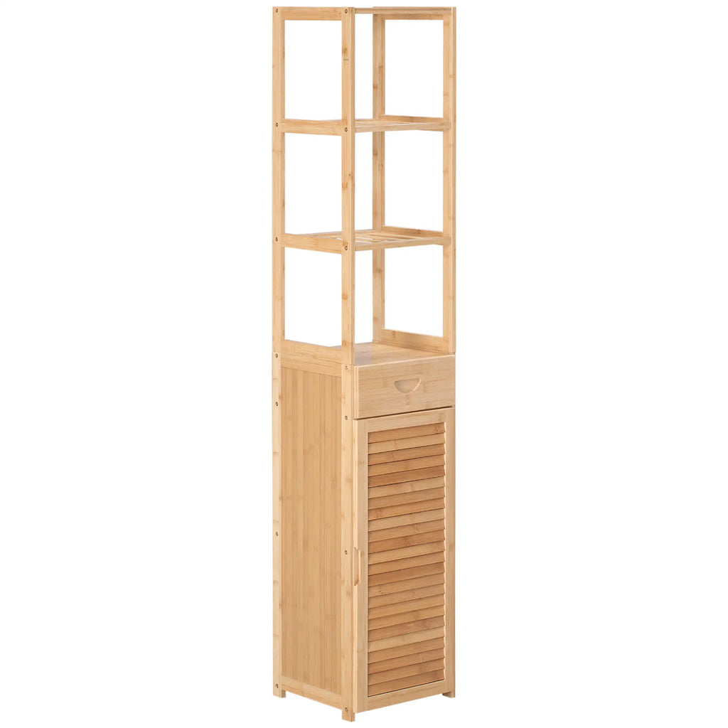 Tall Bamboo Bathroom Cabinet with 3 Open Shelves, a Drawer and a Cabinet, 32x30x163 cm, Wood color