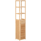 Tall Bamboo Bathroom Cabinet with 3 Open Shelves, a Drawer and a Cabinet, 32x30x163 cm, Wood color