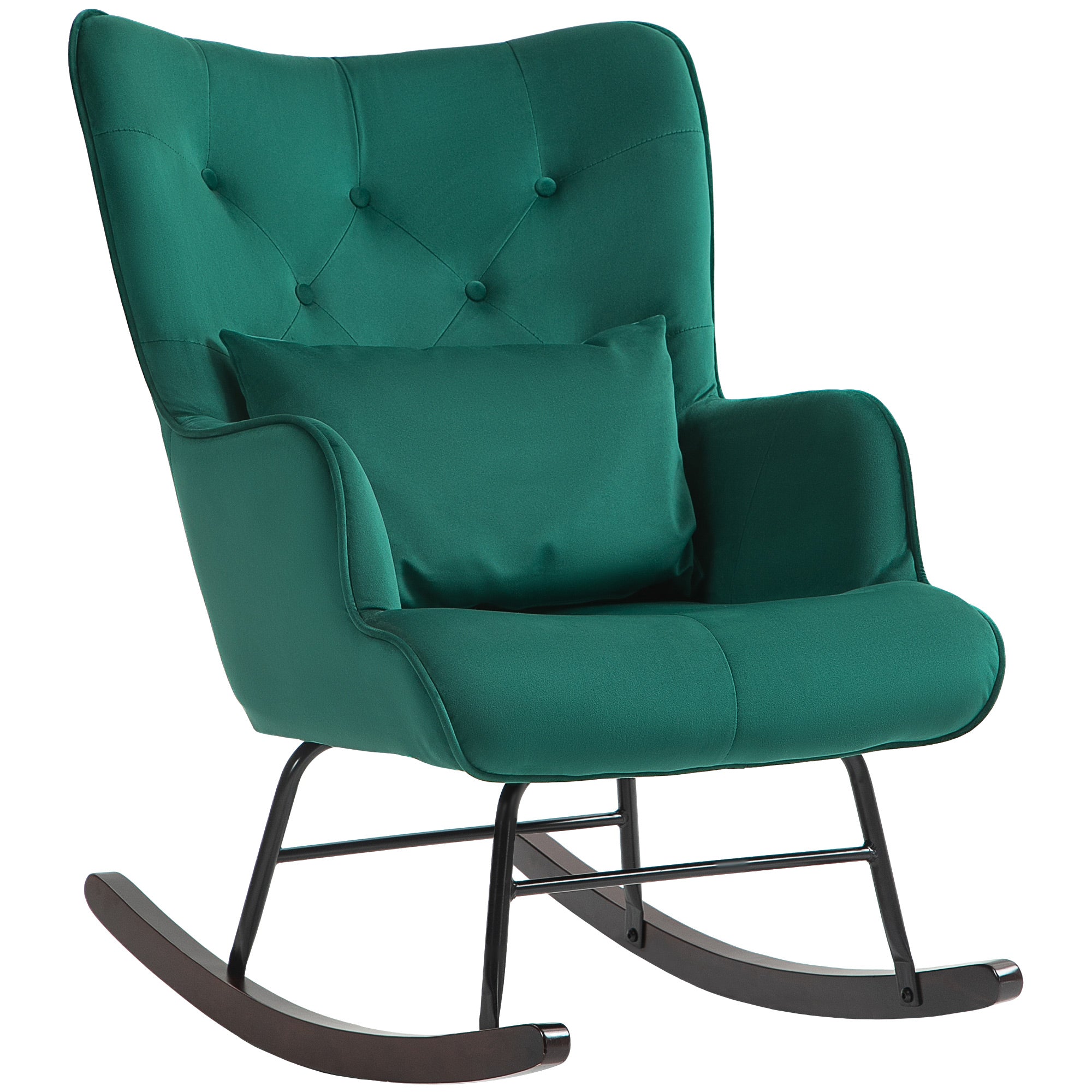 High Back Velvet Rocking Chair with Buttons, Cushion and Armrests, Green