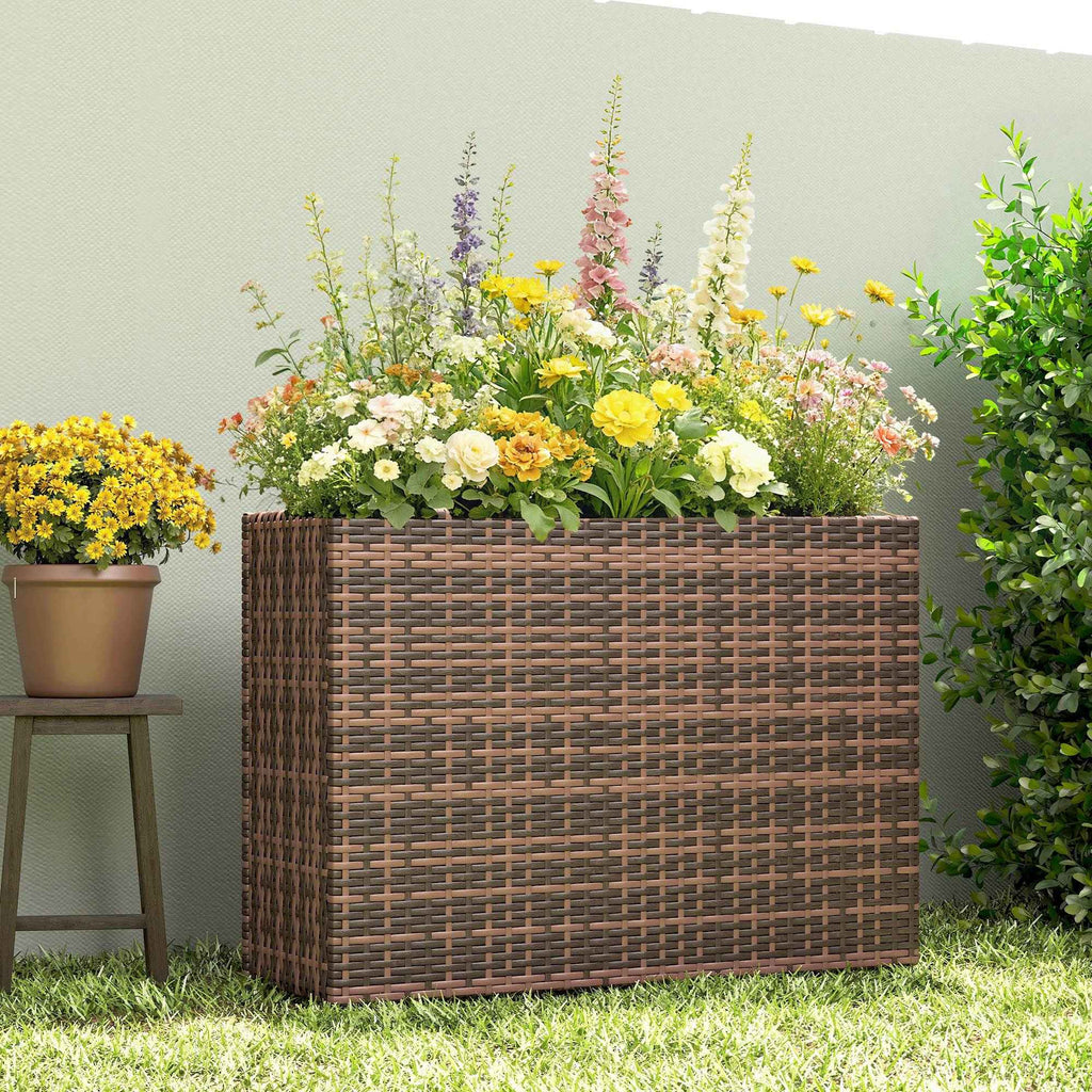 Outsunny 45L Outdoor Rattan Raised Garden Bed with Drainage Holes and Adjustable Feet, Brown