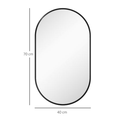 Oval Mirror with 3 Hooks, Wall Mount, in Aluminum Alloy and Glass, 40x70x3 cm, Black