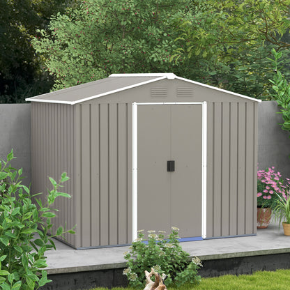 Steel Sheet Garden Shed with Sliding Doors, 236x174x190cm, Grey