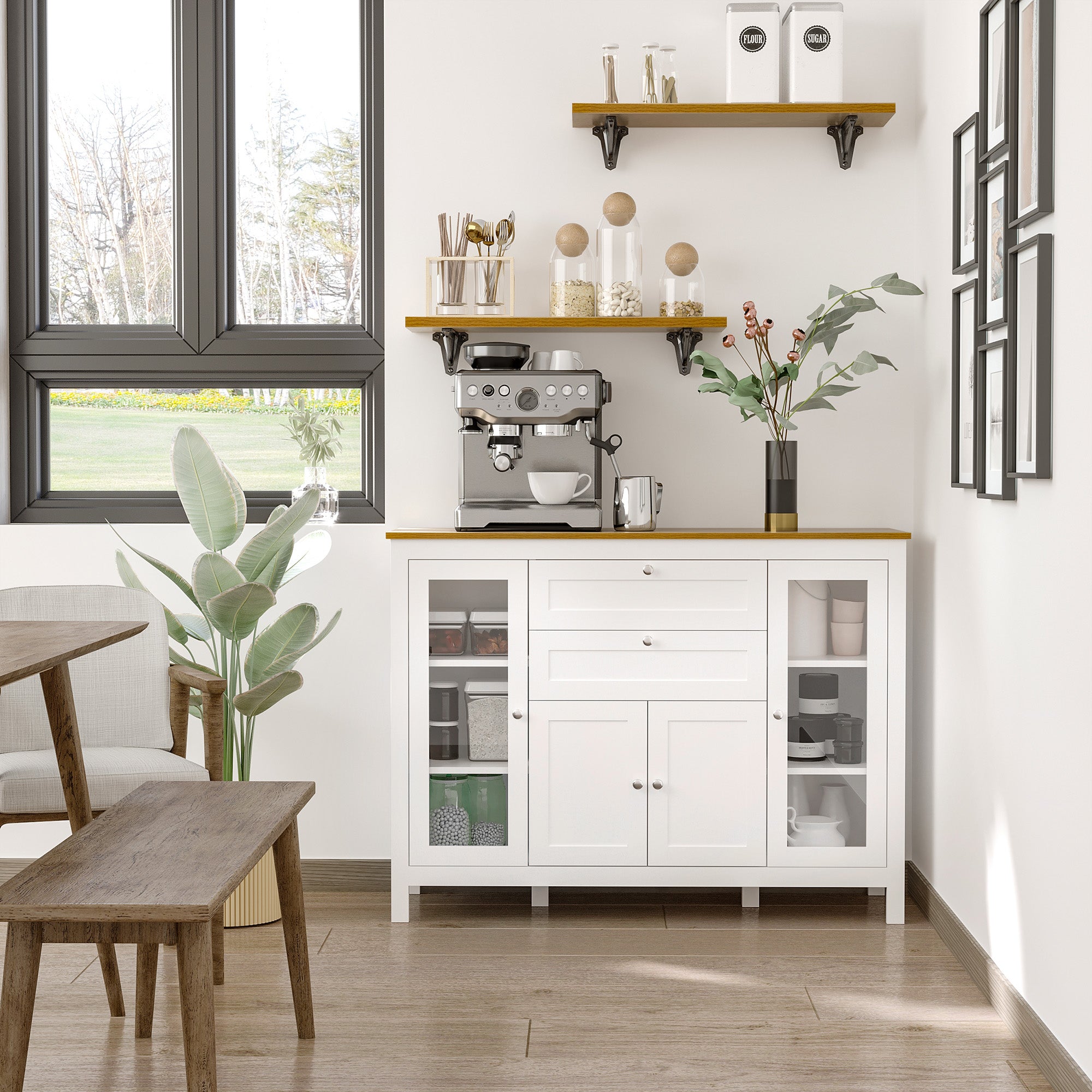 Kitchen Cabinet with 2 Drawers and 3 Cupboards, Glass Doors and Adjustable Shelves, 120x40x90 cm, White and Oak