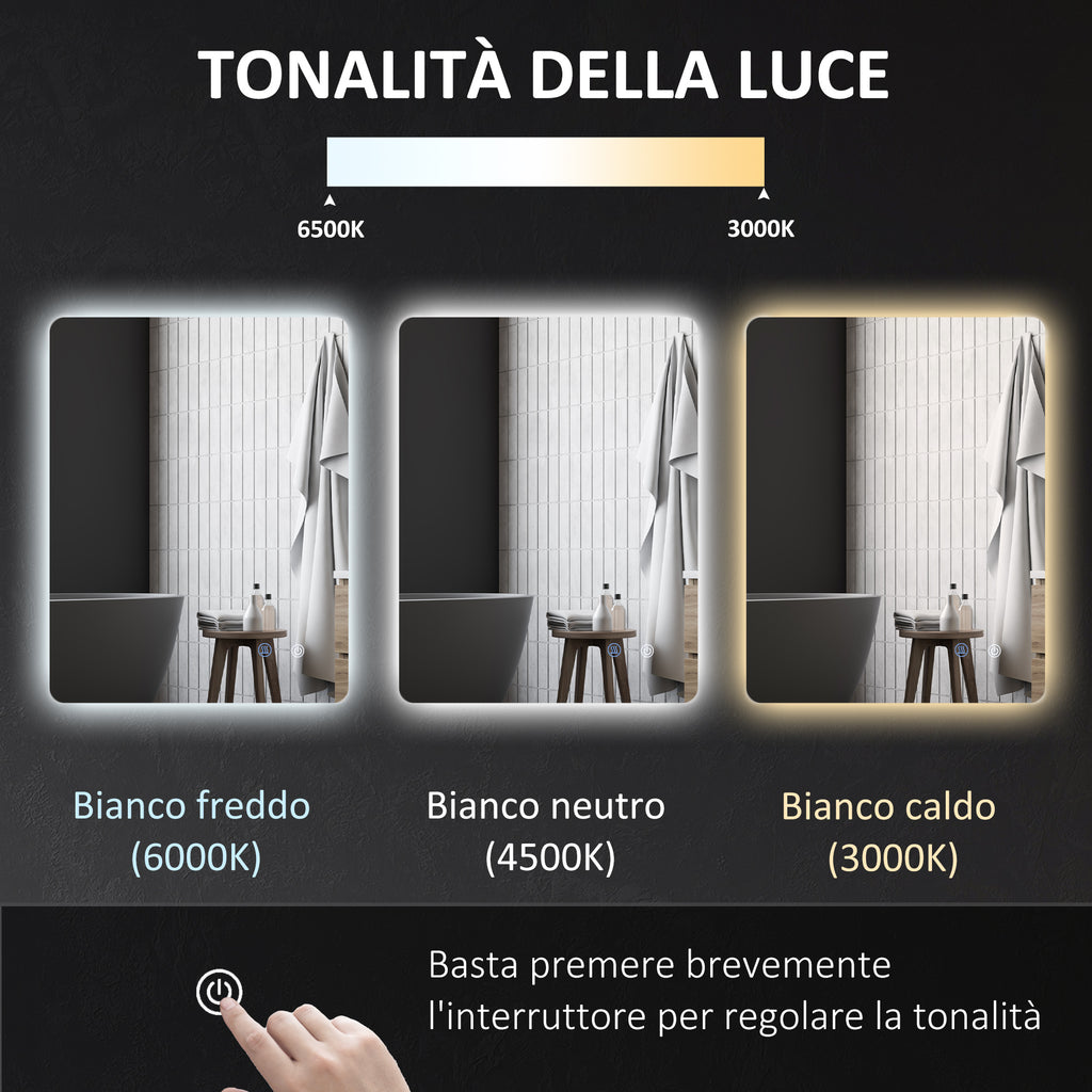 Bathroom Mirror with Adjustable LED Lights, Touch Switches and Anti-Fog Function, 70x50 cm