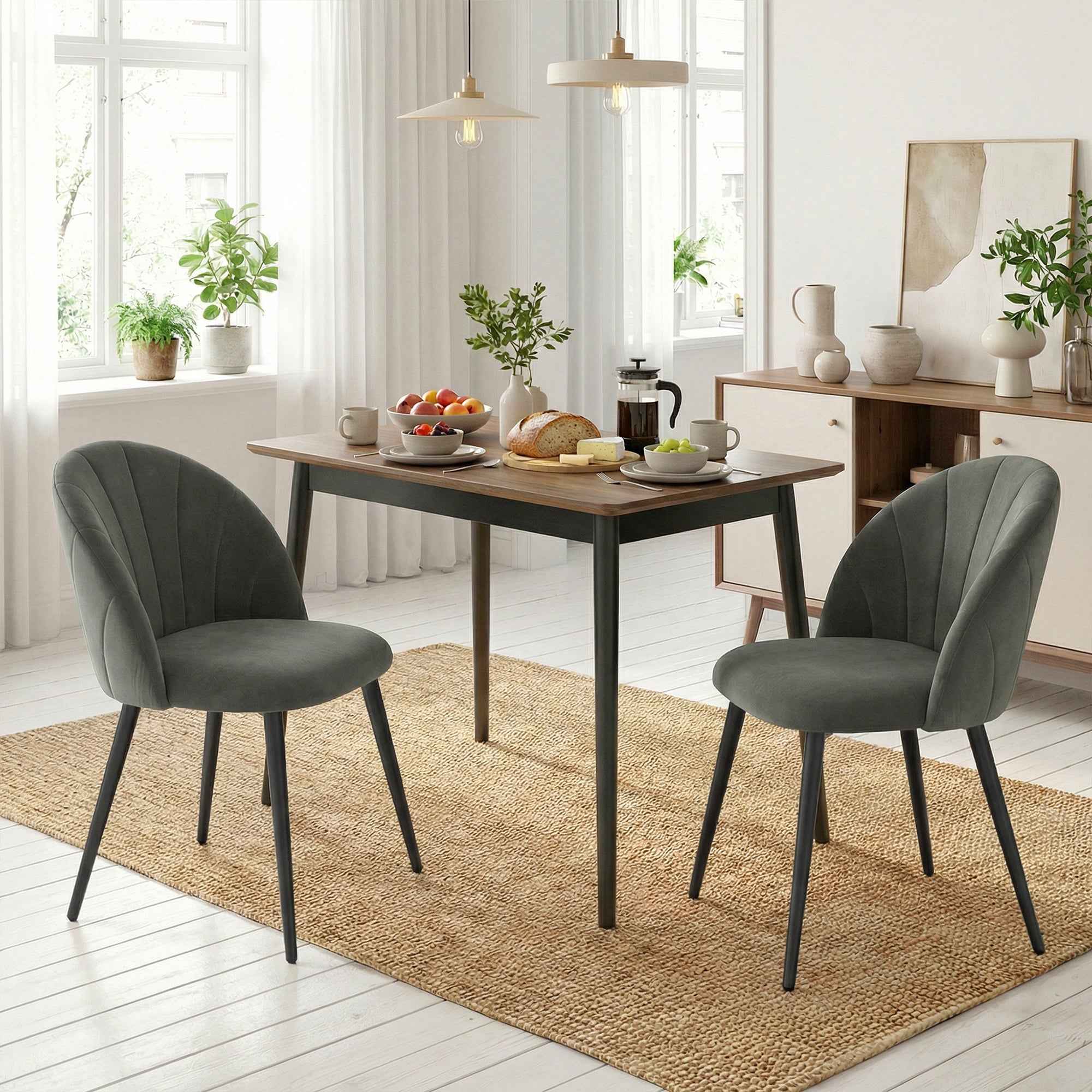 Set of 2 Upholstered Dining Chairs with Shell Backrest in Velvet, 52x55x79 cm, Grey