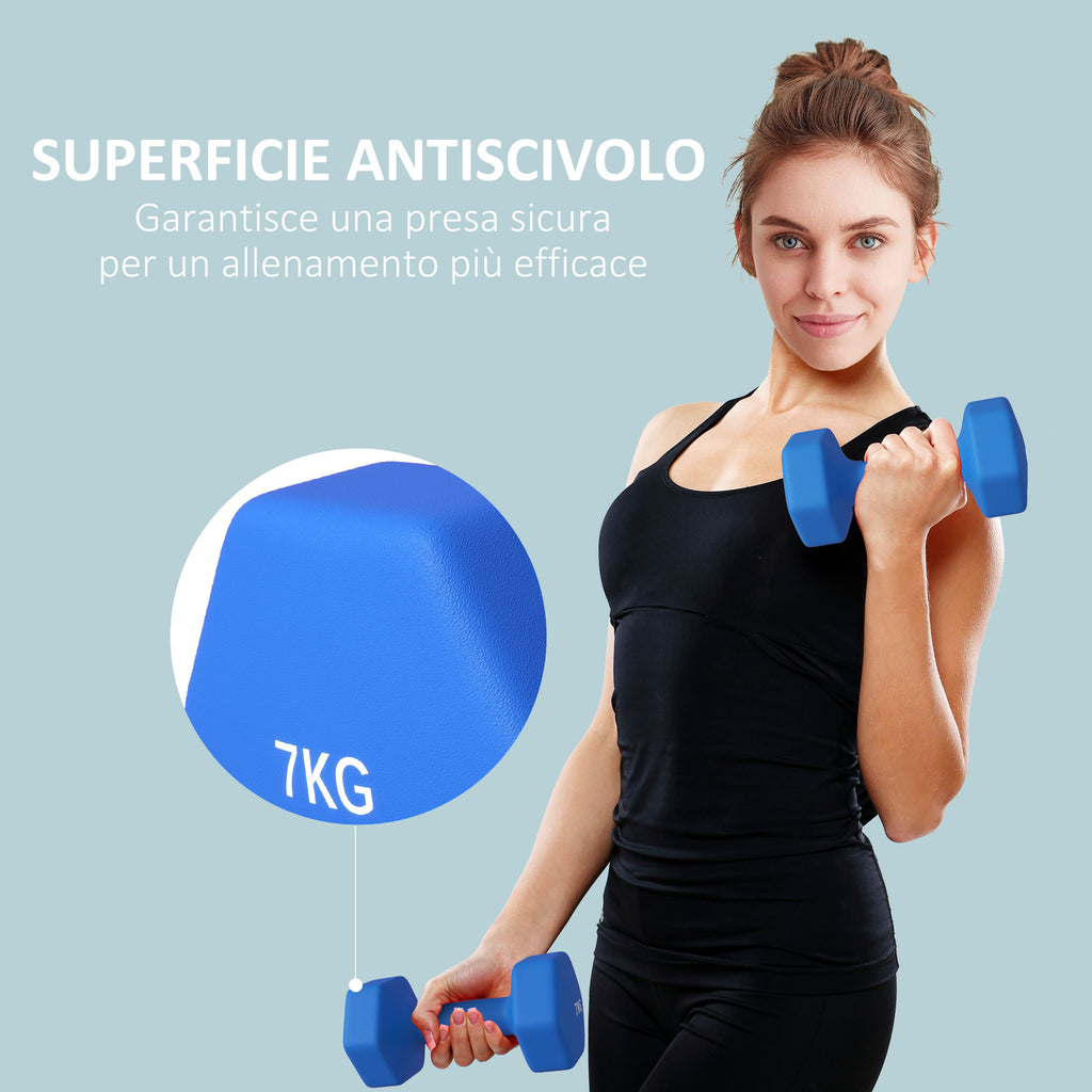 SPORTNOW Set of 2 2x7kg Hexagonal Dumbbells in Metal and Plastic with Non-Slip Grip, 22.5x10.5x10.5 cm, Blue