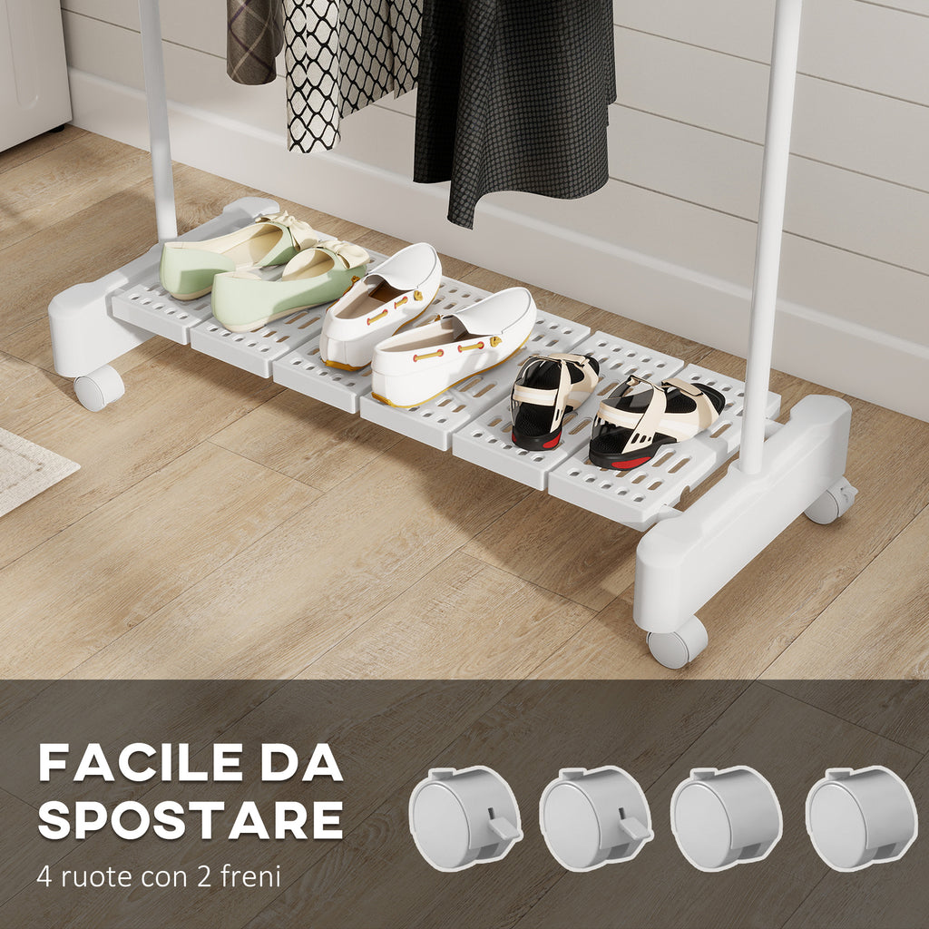 Extendable Clothes Airer with Wheels and Brake, Shoe Rack and Stainless Steel Frame, White