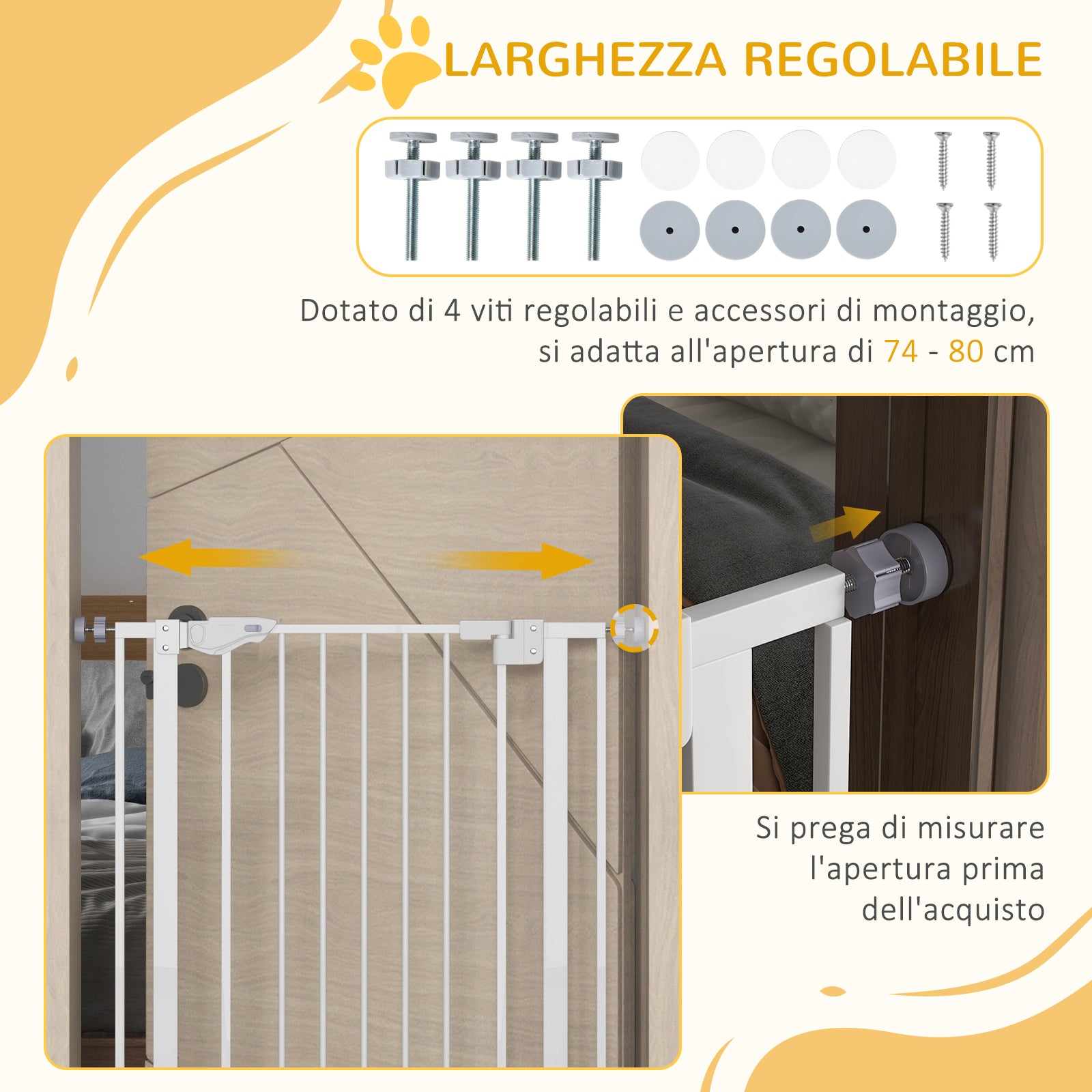 Tall Adjustable Dog Gate with Small Door and Automatic Closing, 74-80x104cm, White