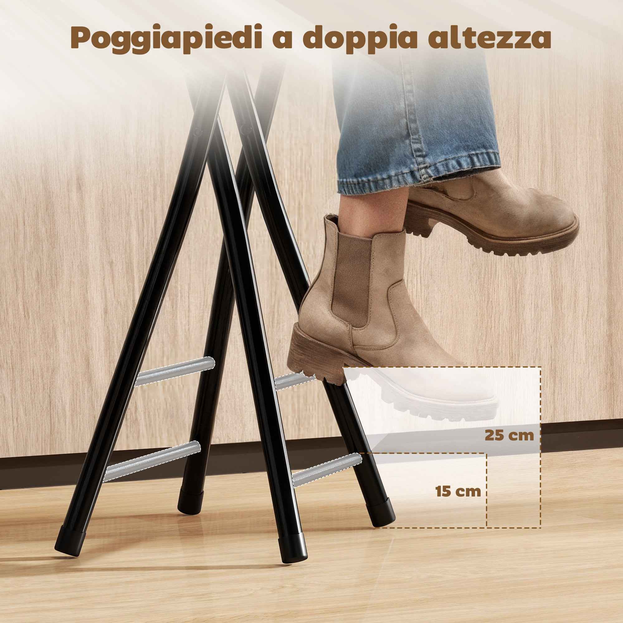 HOMCOM Set of 2 Folding Bar Stools with Double Footrest, Wood and Steel, 34x30x70 cm, Black