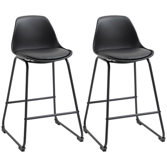 Bar Stools, Set of 2 Pieces with Padding, Backrest and Sled Legs, in PU and Steel, 43x43x82 cm, Black