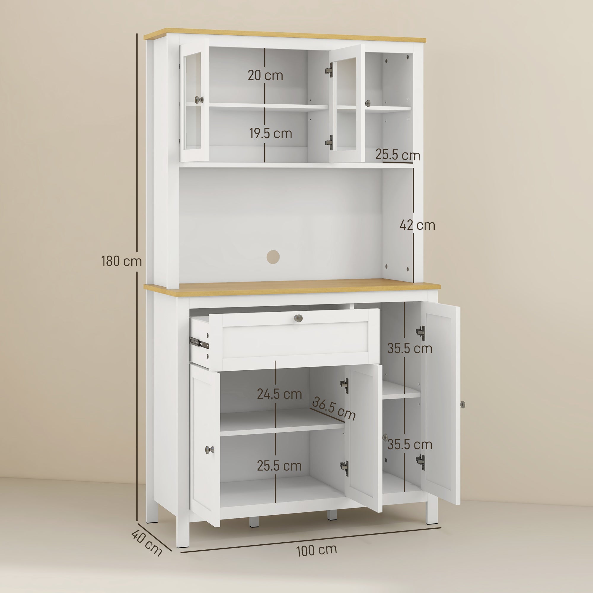 Kitchen Pantry with Drawers, Open Shelves and Adjustable Wooden Shelves, 100x40x180 cm, White