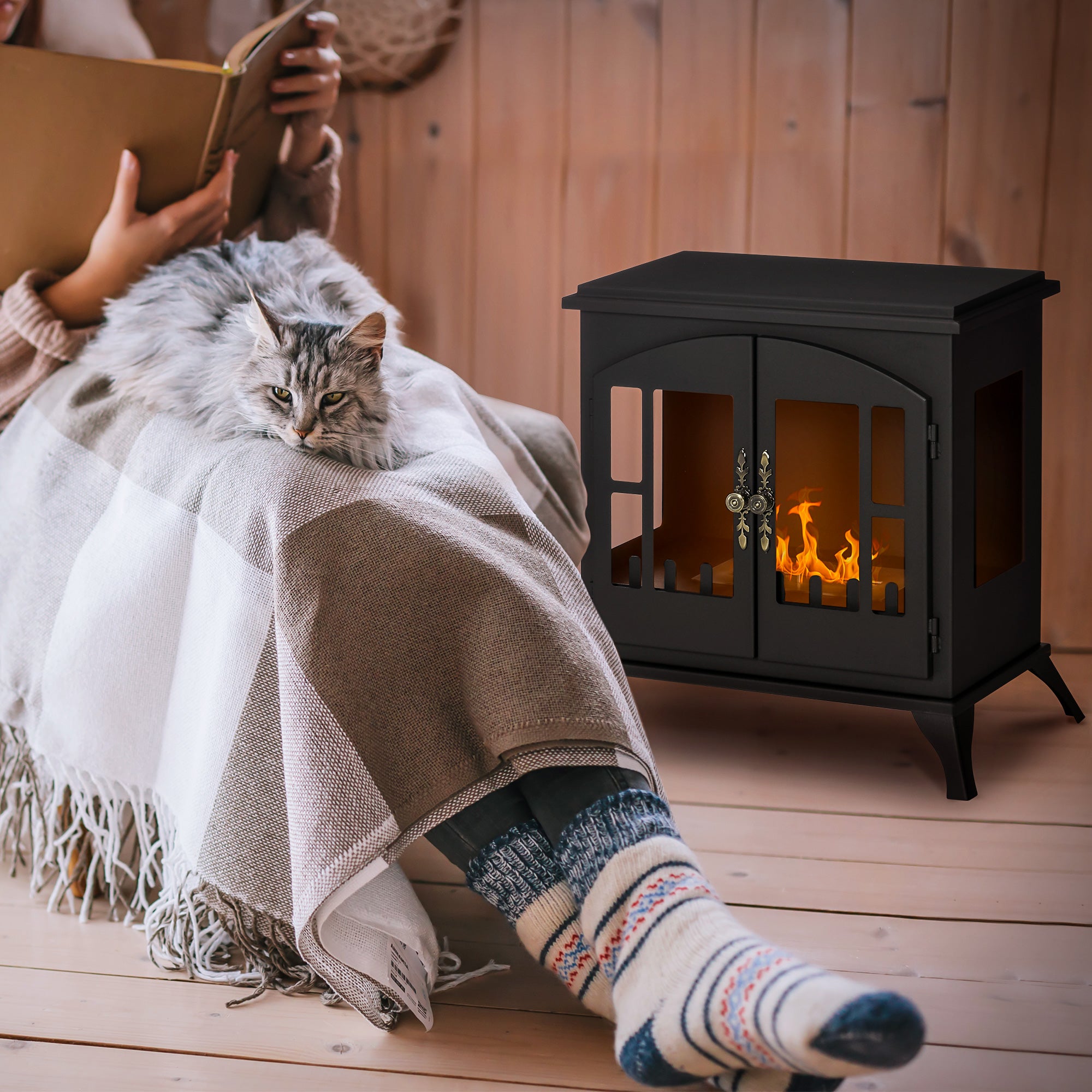 Stainless Steel Bio Ethanol Fireplace with 0.9L Burner for 3 Hours Burning Time, 55x31x55cm, Black