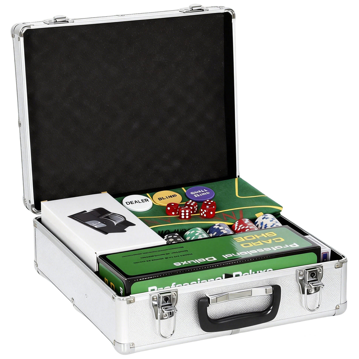 SPORTNOW Complete Poker Set with 500 Chips, Card Shuffler, Card Dispenser, Mat, 5 Dice, Silver
