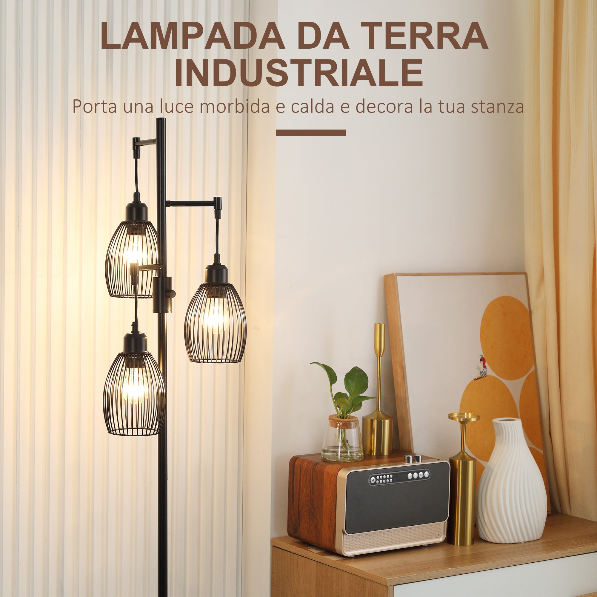 Industrial Floor Lamp with 3 Lampshades and Adjustable Dimmer, Steel, 30x30x170.5 cm, Black