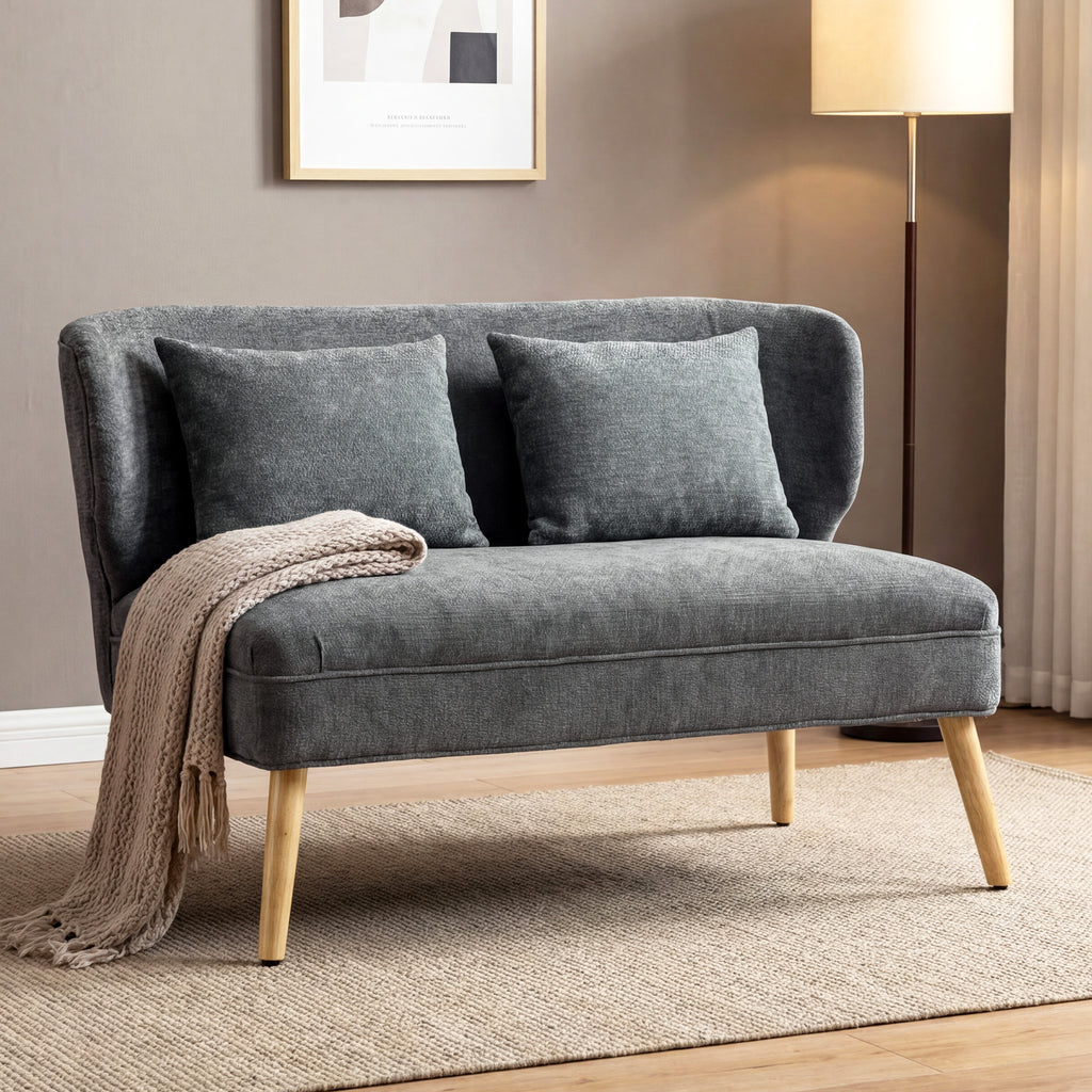 HOMCOM 2-Seater Chenille Sofa with Wide Seat, Thick Padding, 2 Cushions, Rubber Wood Legs, Grey