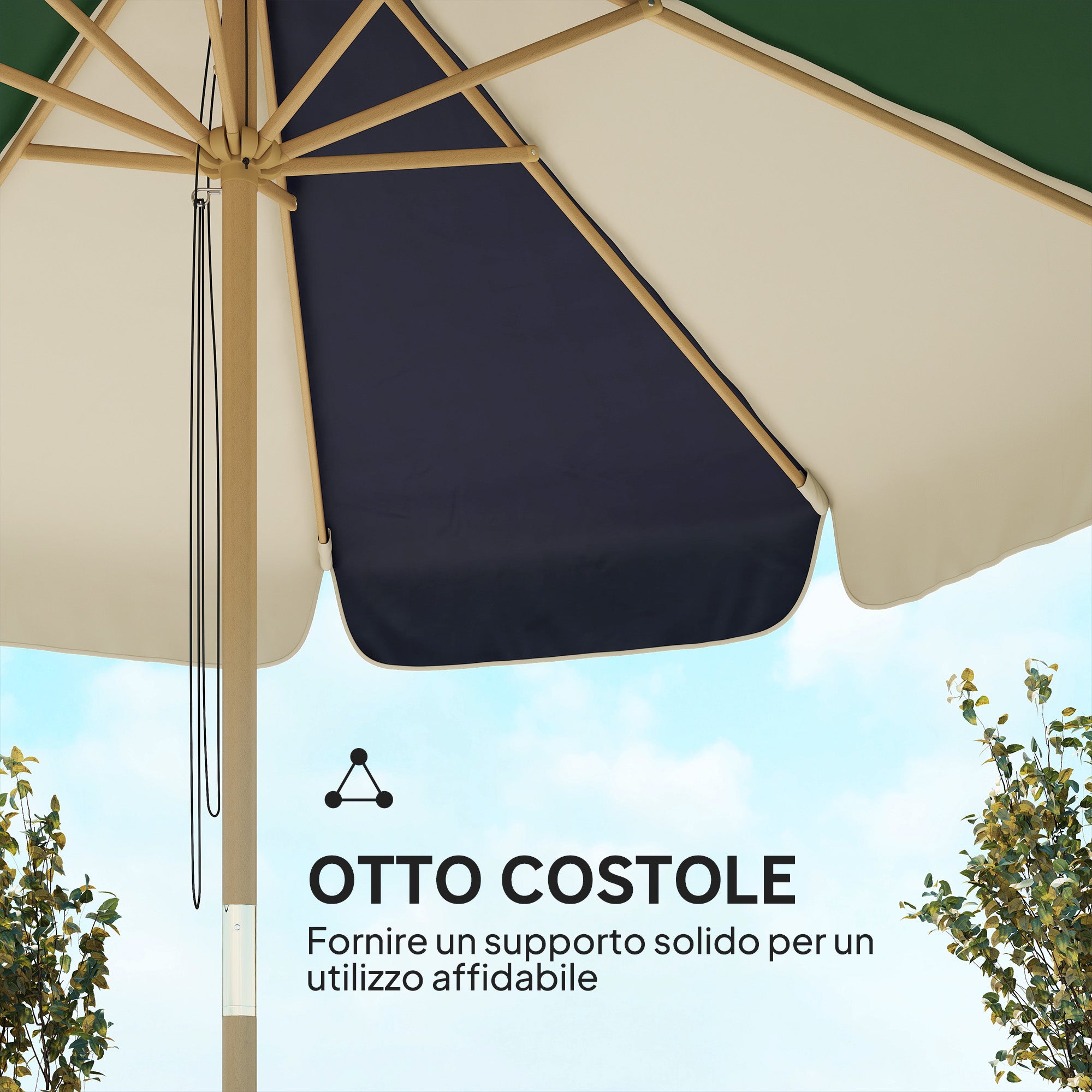 Outsunny Garden Umbrella with Wood Effect Frame, Color Block Canopy with 8 Ribs, UV 30+