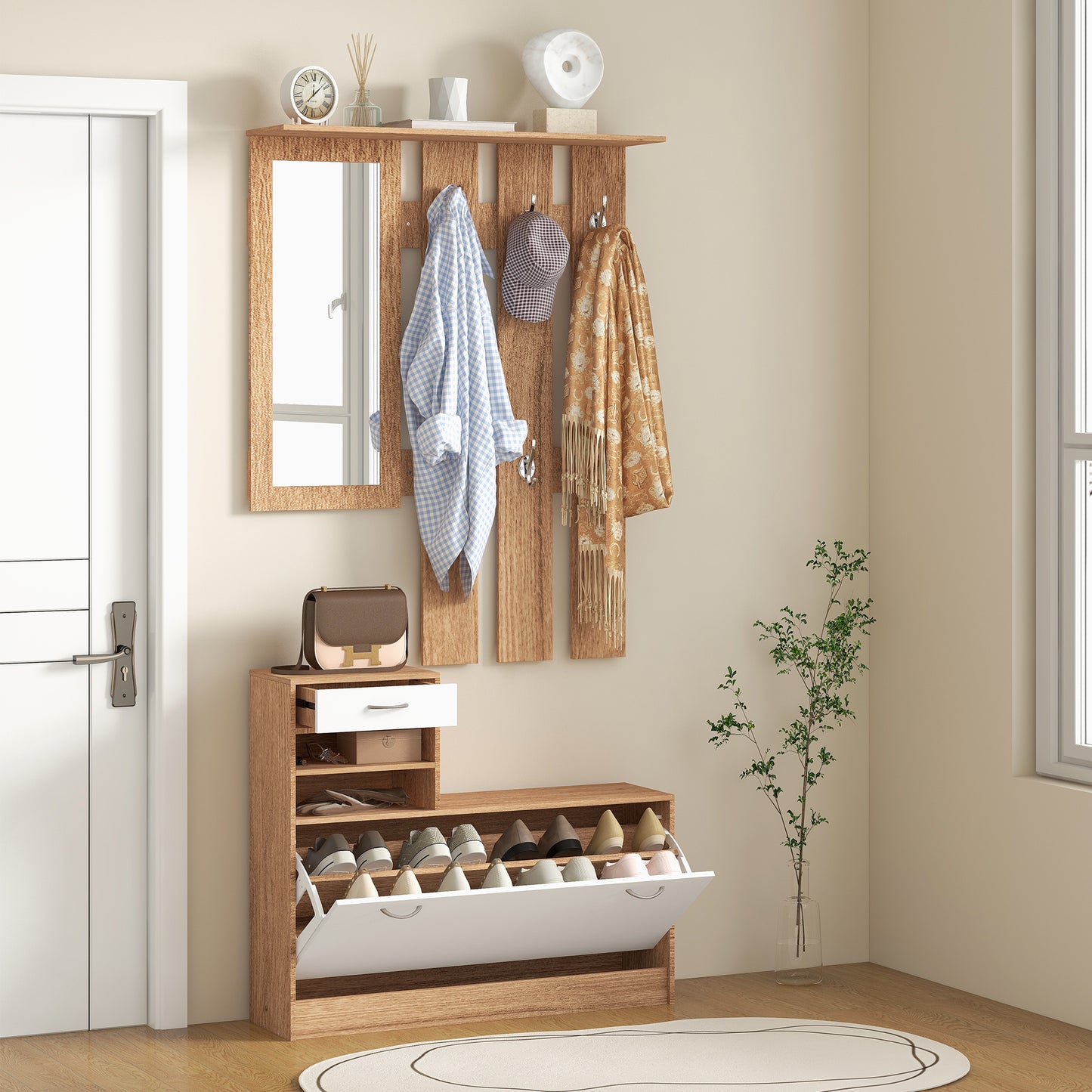 TWENTY | Coat Stand 3 in 1 with Shoe Rack and Mirror, Hooks and Drawers, in Wood, 90x24x177 cm, White and Walnut