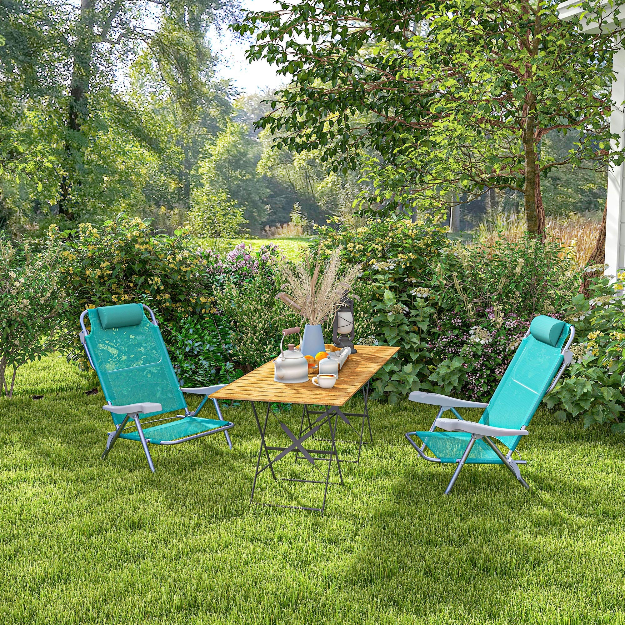 Set of 2 Folding and Reclining Camping Chairs on 6 Levels, in Aluminum and Foam, 62x65x80 cm, Gray to Light Blue