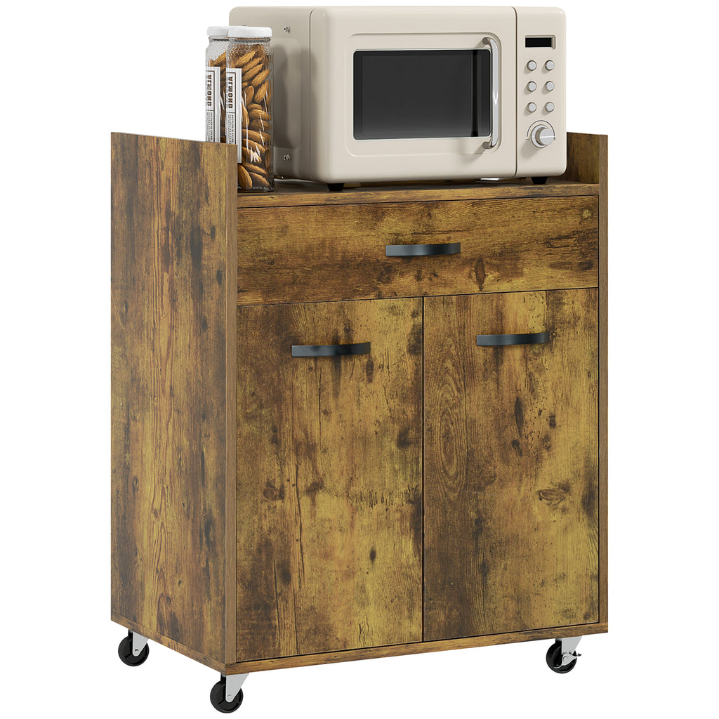 Kitchen Trolley with Drawer, Cabinet and 4 Wooden Wheels, 60x40x77cm, Rustic Brown