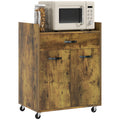 Kitchen Trolley with Drawer, Cabinet and 4 Wooden Wheels, 60x40x77cm, Rustic Brown